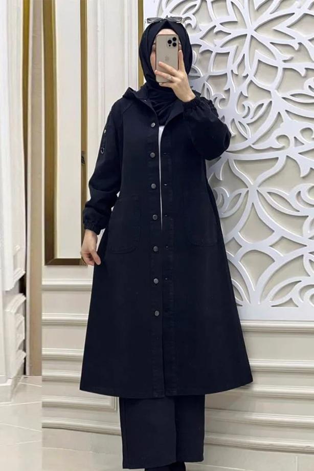 Vêtements hijab NOIR TRENCH-COAT BOUTONNÉ T 7086 - TRENDTESETTÜR