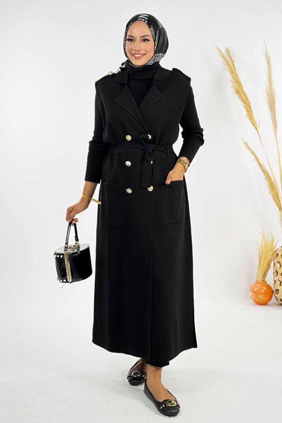 Tesettür giyim SİYAH KUŞAKLI TRİKO YELEK T 10381