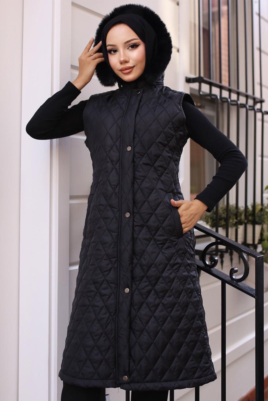 Tesettür giyim SİYAH KAPÜŞONLU ŞİŞME YELEK T 1091