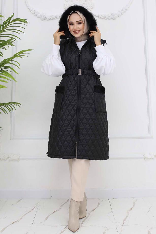 Tesettür giyim SİYAH KÜRKLÜ KAPİTONE YELEK T 3091 - TRENDTESETTÜR