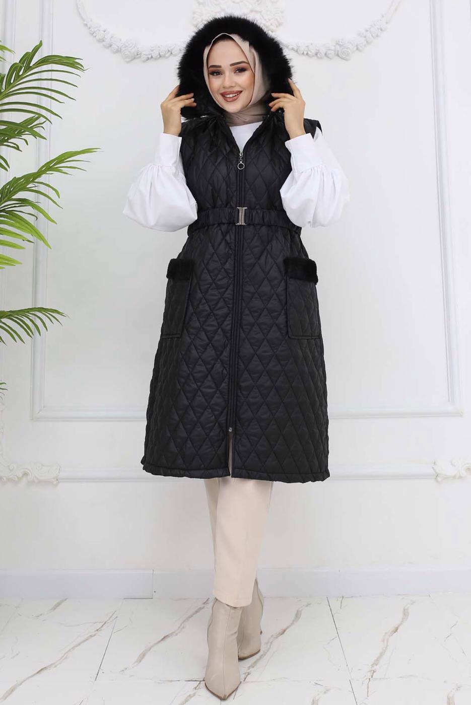 Tesettür giyim SİYAH KÜRKLÜ KAPİTONE YELEK T 3091