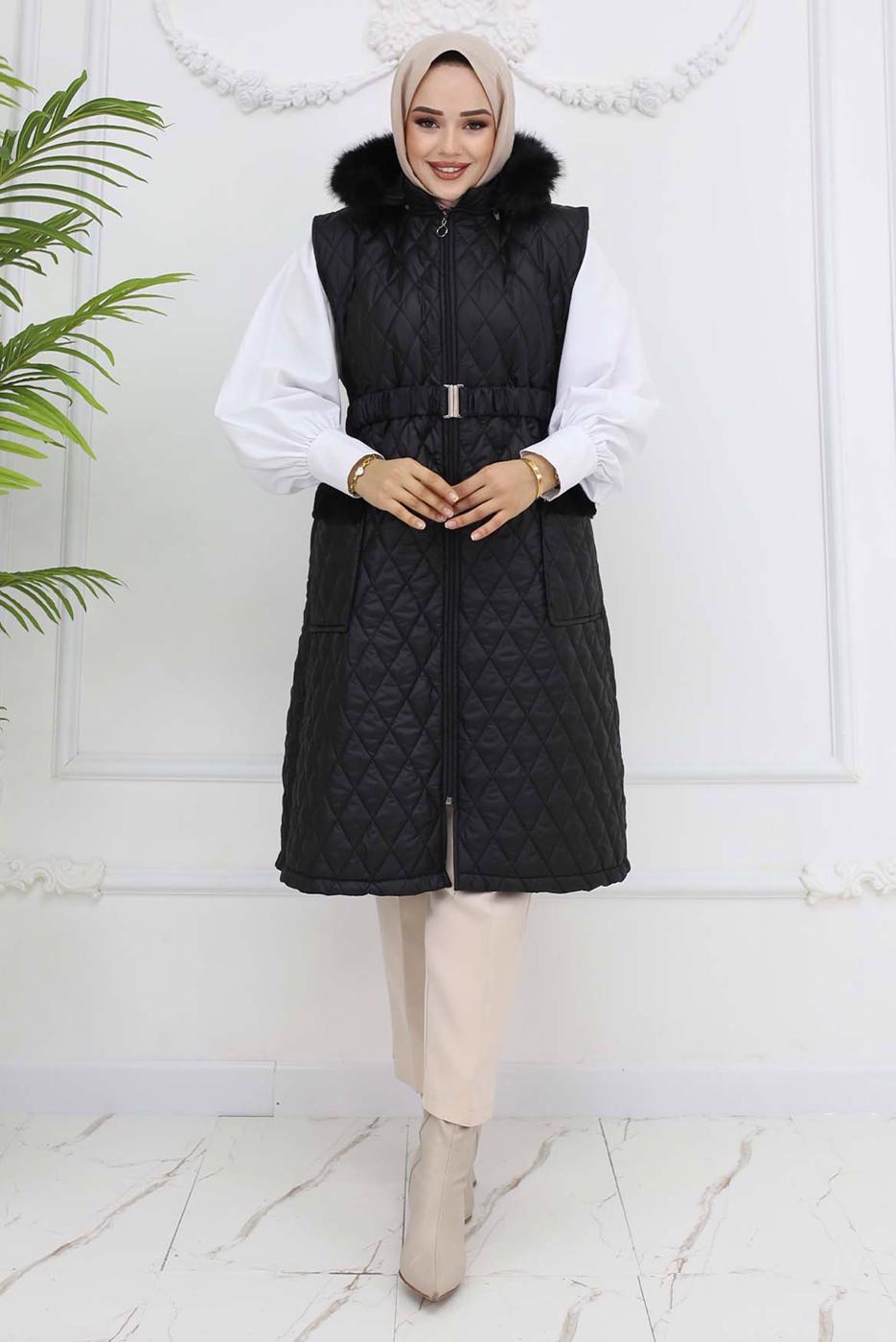 Tesettür giyim SİYAH KÜRKLÜ KAPİTONE YELEK T 3091
