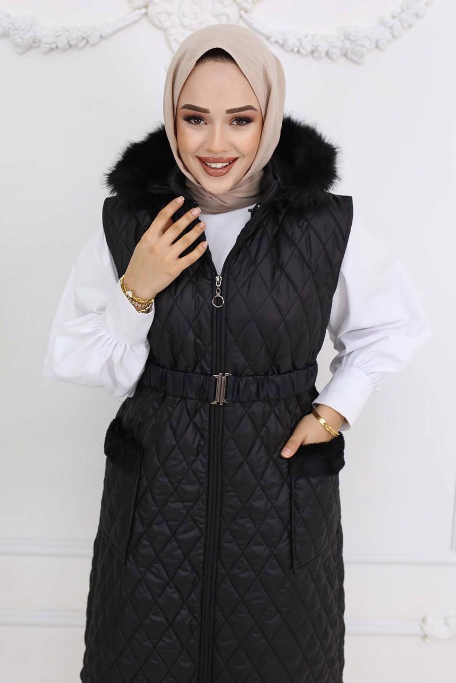 Tesettür giyim SİYAH KÜRKLÜ KAPİTONE YELEK T 3091