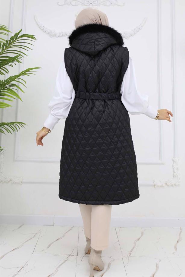 Tesettür giyim SİYAH KÜRKLÜ KAPİTONE YELEK T 3091 - TRENDTESETTÜR