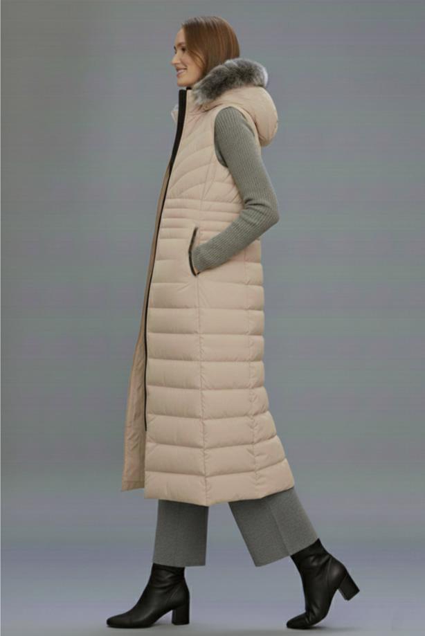 Tesettür giyim BEJ T 4819 BN UZUN ŞİŞME YELEK - TRENDTESETTÜR