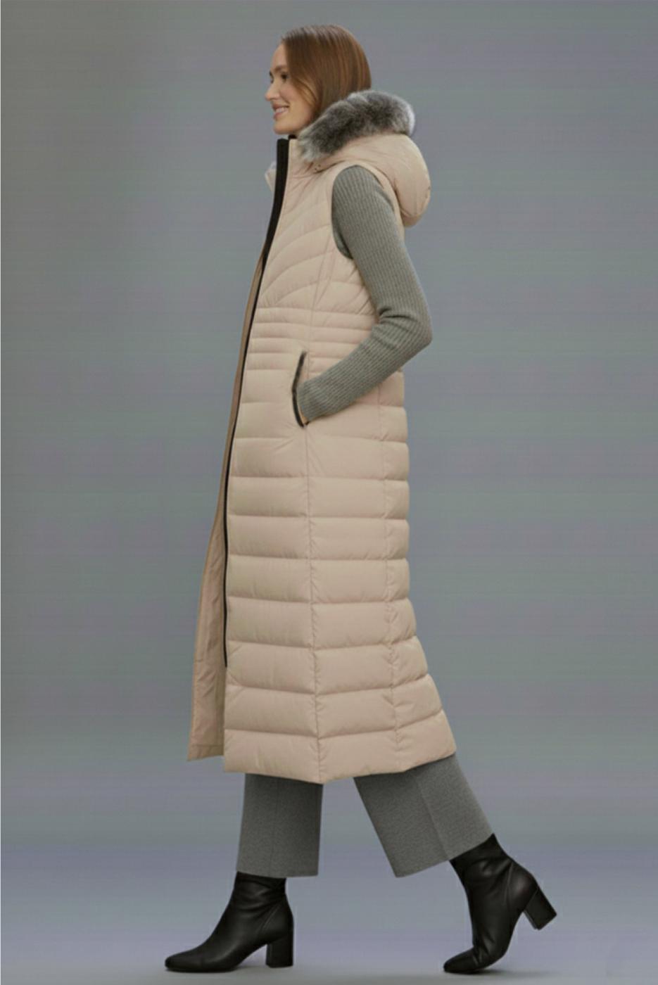 Tesettür giyim BEJ KAPÜŞONLU UZUN ŞİŞME YELEK T 4819