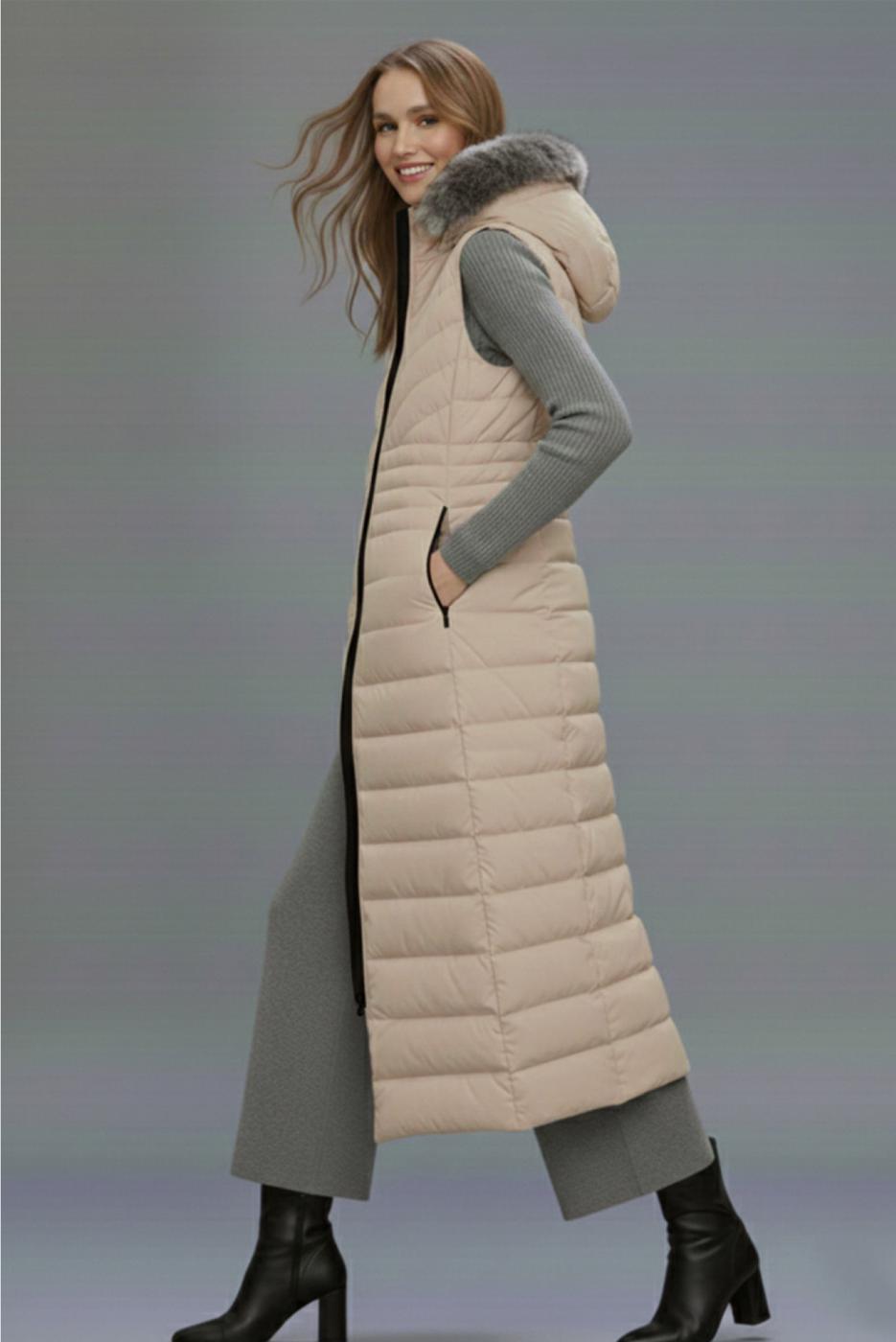 Tesettür giyim BEJ KAPÜŞONLU UZUN ŞİŞME YELEK T 4819