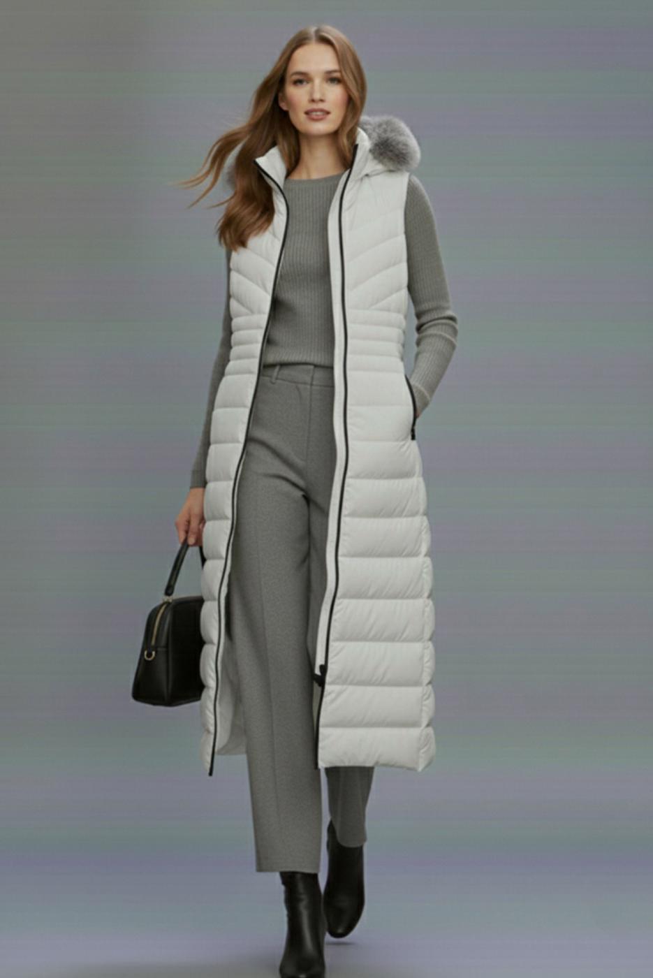 Tesettür giyim GRİ KAPÜŞONLU UZUN ŞİŞME YELEK T 4819