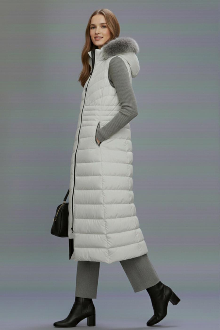 Tesettür giyim GRİ KAPÜŞONLU UZUN ŞİŞME YELEK T 4819