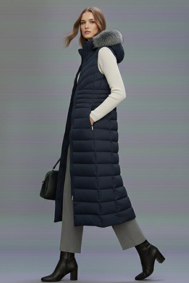 Tesettür giyim LACİVERT T 4819 BN UZUN ŞİŞME YELEK - TRENDTESETTÜR