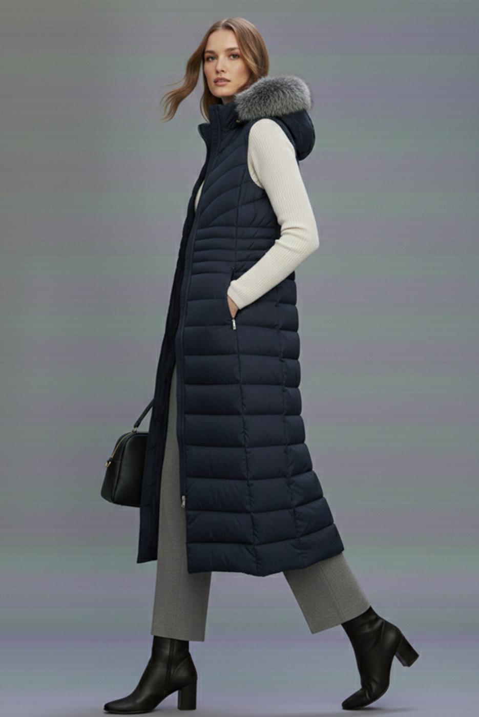 Tesettür giyim LACİVERT KAPÜŞONLU UZUN ŞİŞME YELEK T 4819