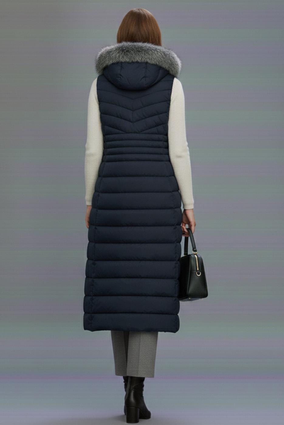 Tesettür giyim LACİVERT KAPÜŞONLU UZUN ŞİŞME YELEK T 4819