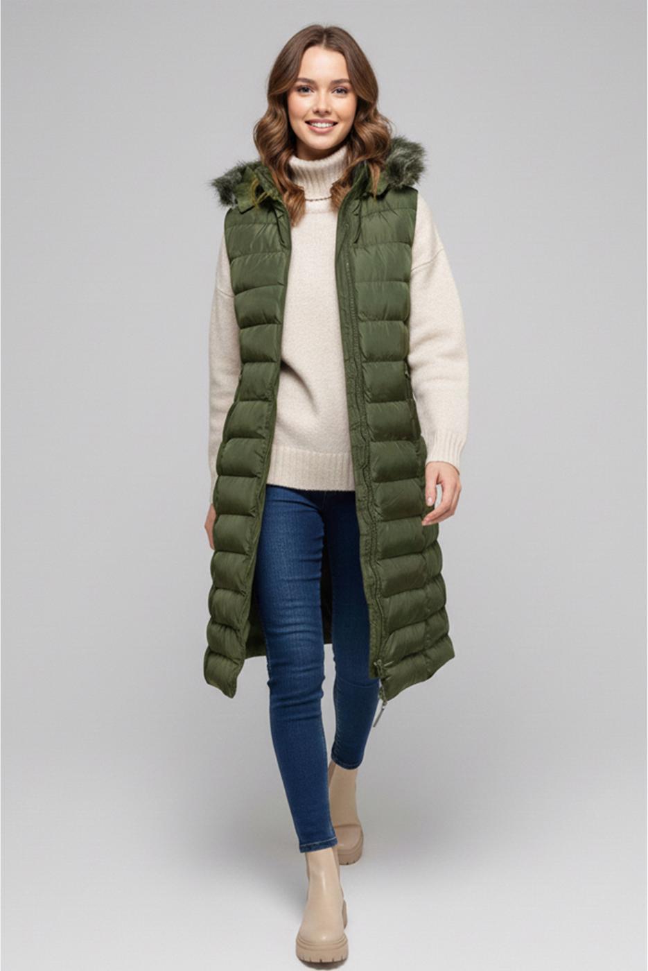 Tesettür giyim HAKİ KAPÜŞONLU ŞİŞME YELEK T 5819