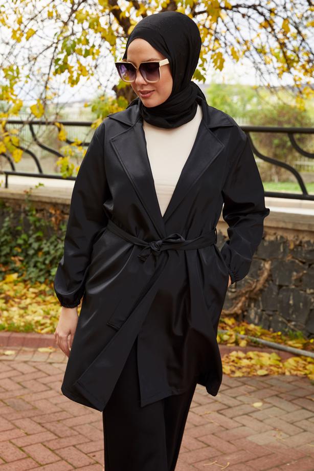 Tesettür giyim SİYAH KUŞAKLI TRENÇKOT T 59112 - TRENDTESETTÜR