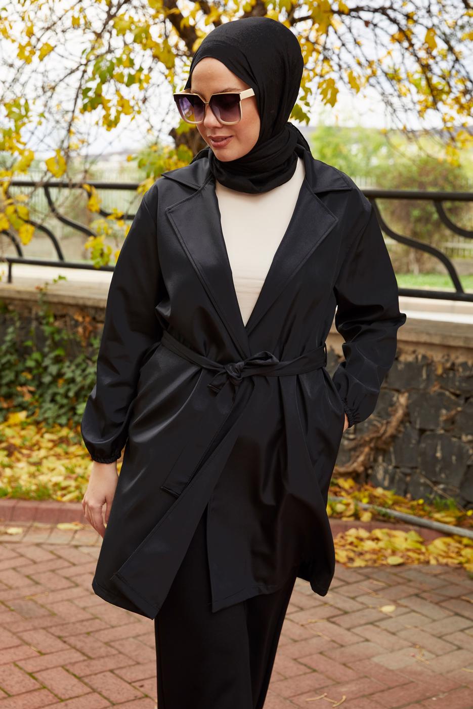 Tesettür giyim SİYAH KUŞAKLI TRENÇKOT T 59112