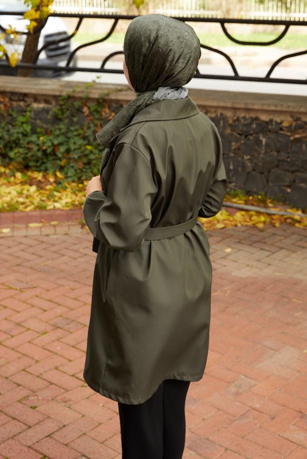 Tesettür giyim HAKİ KUŞAKLI TRENÇKOT T 59112 - TRENDTESETTÜR