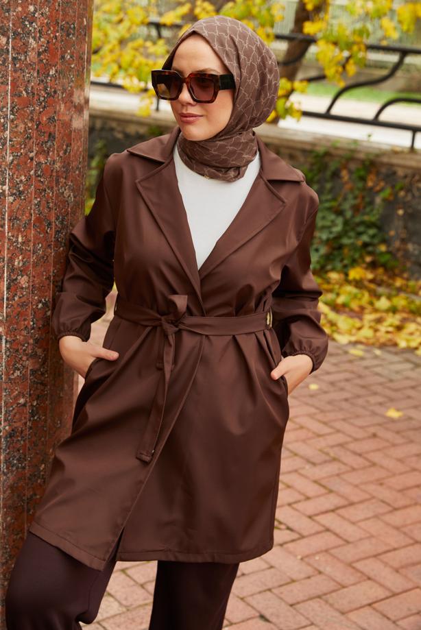 Tesettür giyim KAHVE KUŞAKLI TRENÇKOT T 59112 - TRENDTESETTÜR