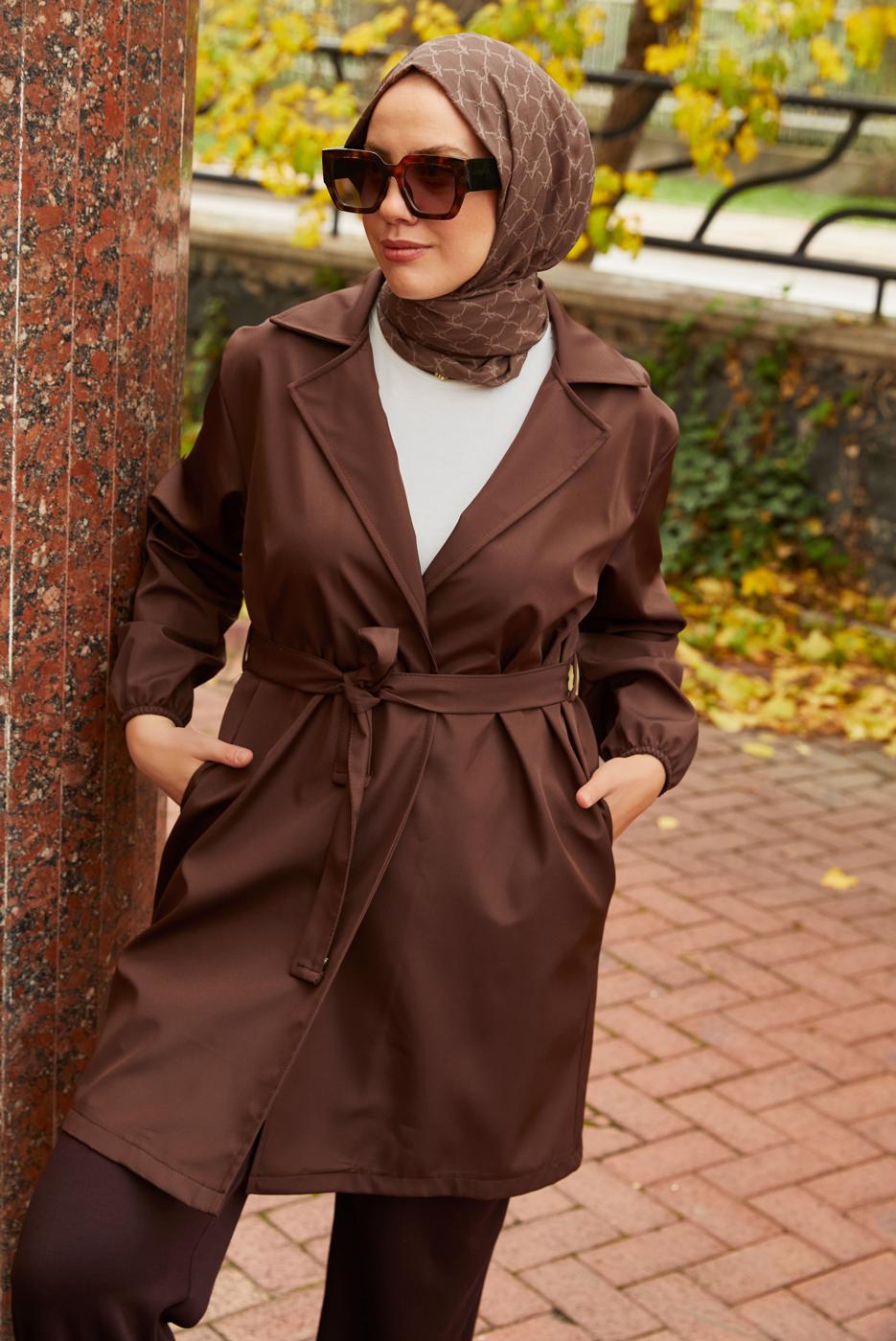 Tesettür giyim KAHVE KUŞAKLI TRENÇKOT T 59112
