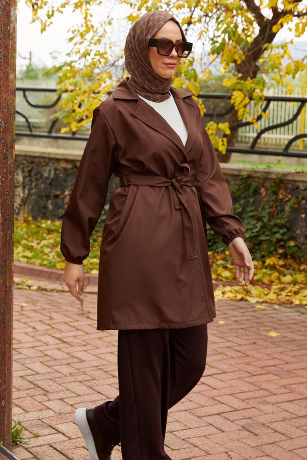 Tesettür giyim KAHVE KUŞAKLI TRENÇKOT T 59112 - TRENDTESETTÜR