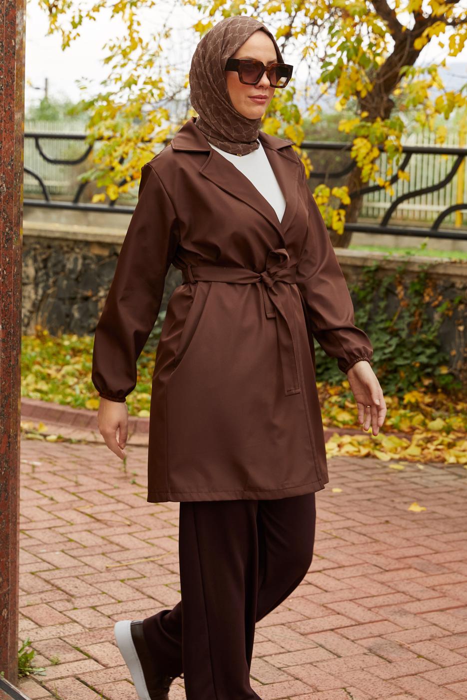 Tesettür giyim KAHVE KUŞAKLI TRENÇKOT T 59112