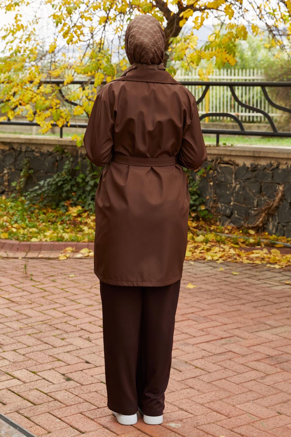 Tesettür giyim KAHVE KUŞAKLI TRENÇKOT T 59112