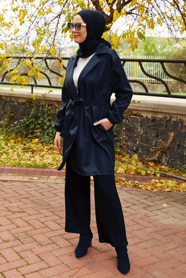 Tesettür giyim LACİVERT KUŞAKLI TRENÇKOT T 59112 - TRENDTESETTÜR