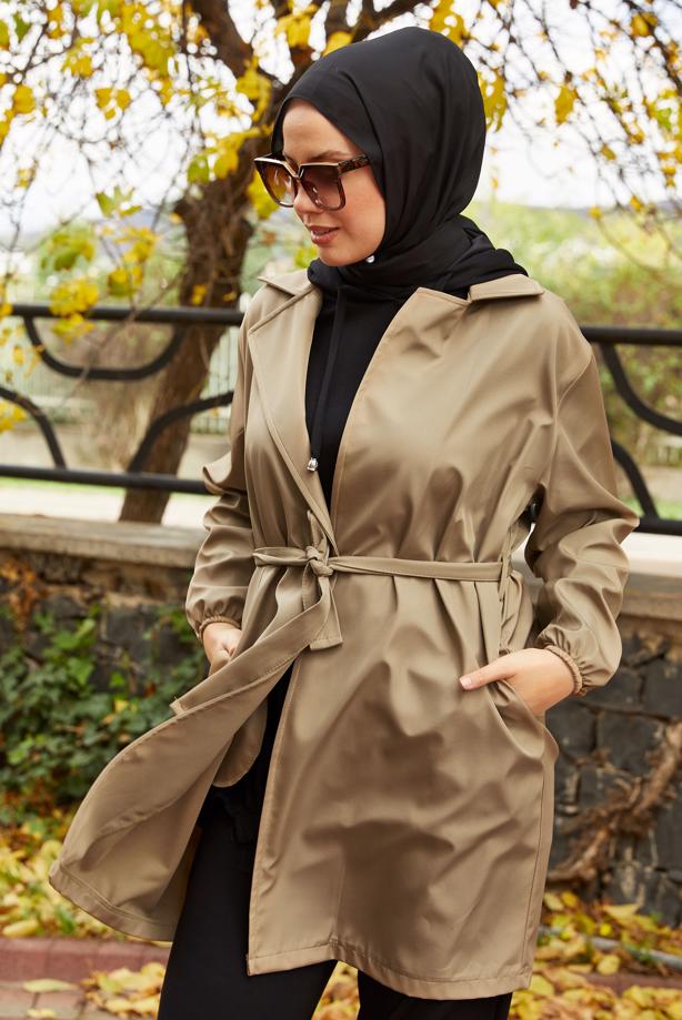 Tesettür giyim VİZON KUŞAKLI TRENÇKOT T 59112 - TRENDTESETTÜR
