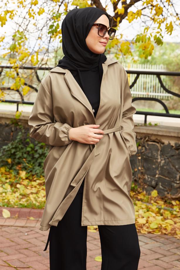 Tesettür giyim VİZON KUŞAKLI TRENÇKOT T 59112 - TRENDTESETTÜR