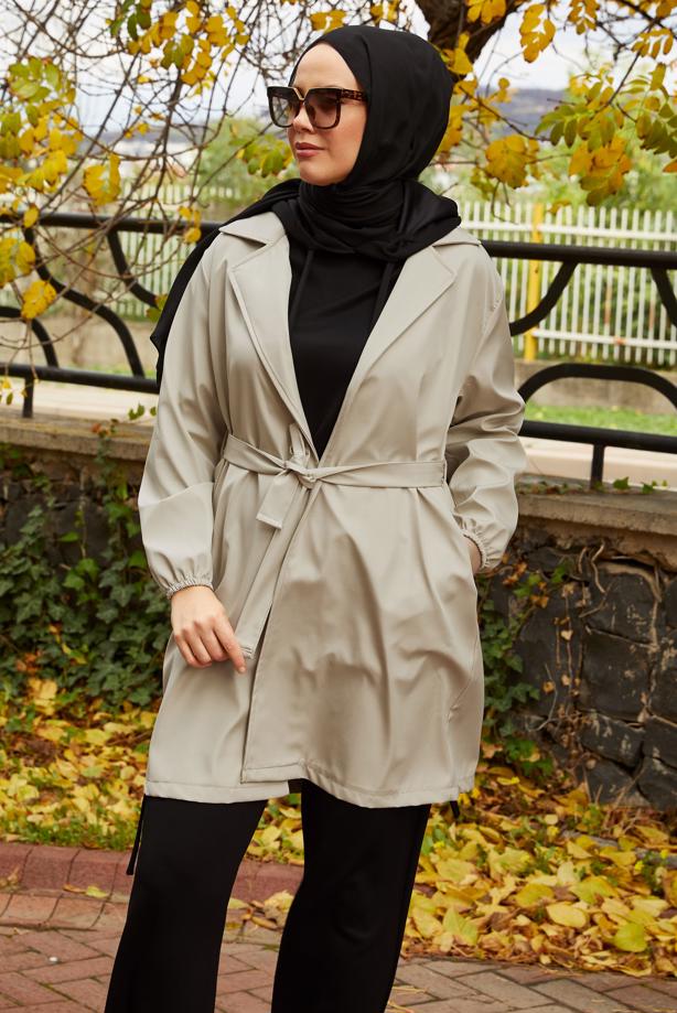 Tesettür giyim BEJ KUŞAKLI TRENÇKOT T 59112 - TRENDTESETTÜR