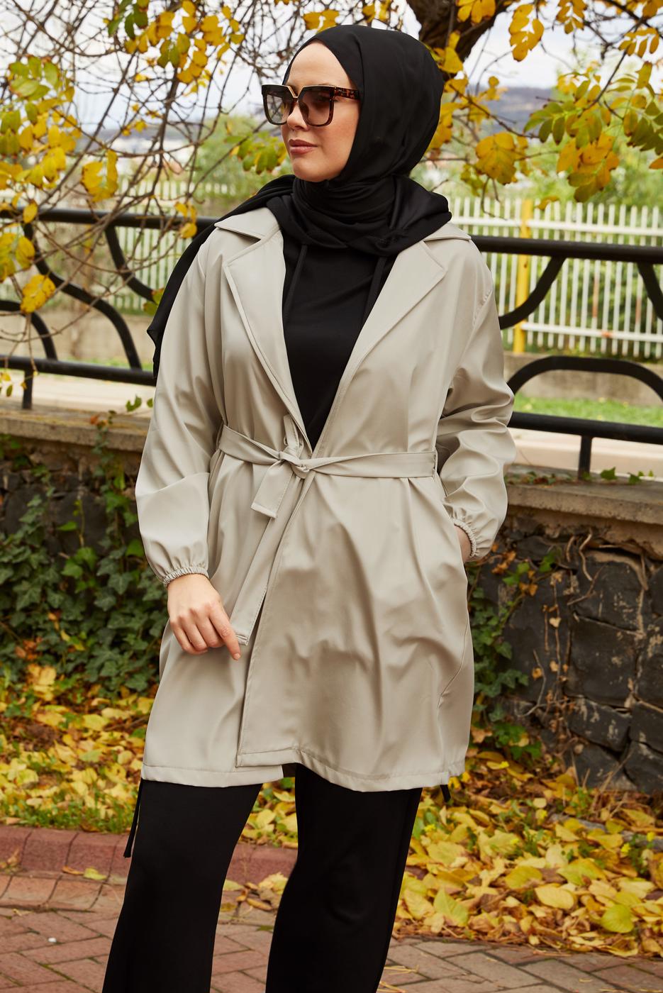 Tesettür giyim BEJ KUŞAKLI TRENÇKOT T 59112