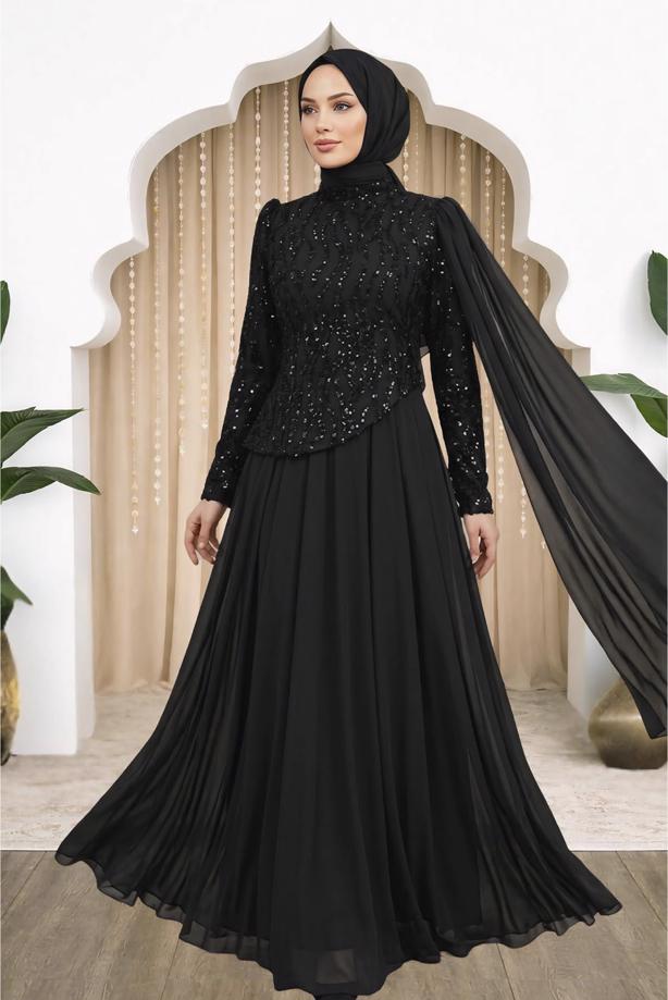 Tesettür giyim SİYAH PELERİNLİ ABİYE ELBİSE T 0763 - TRENDTESETTÜR