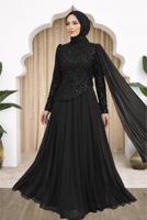 Tesettür giyim SİYAH PELERİNLİ ABİYE ELBİSE T 0763