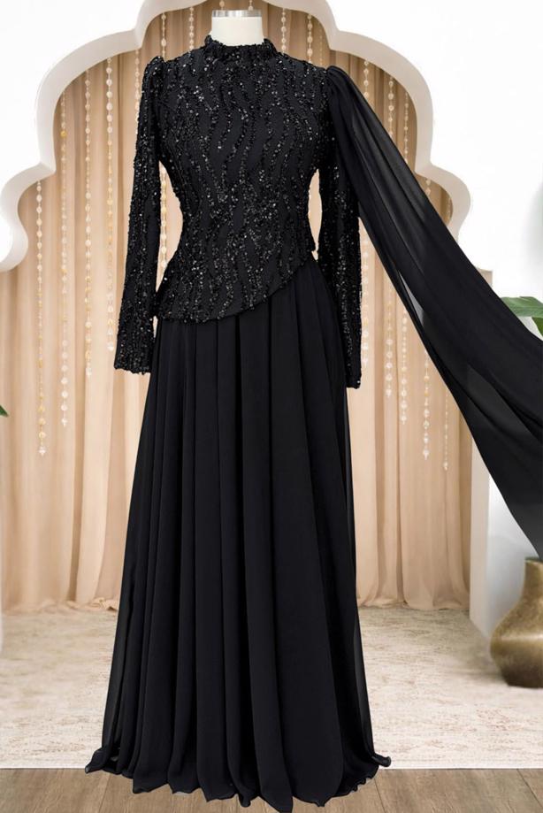 Tesettür giyim SİYAH PELERİNLİ ABİYE ELBİSE T 0763 - TRENDTESETTÜR