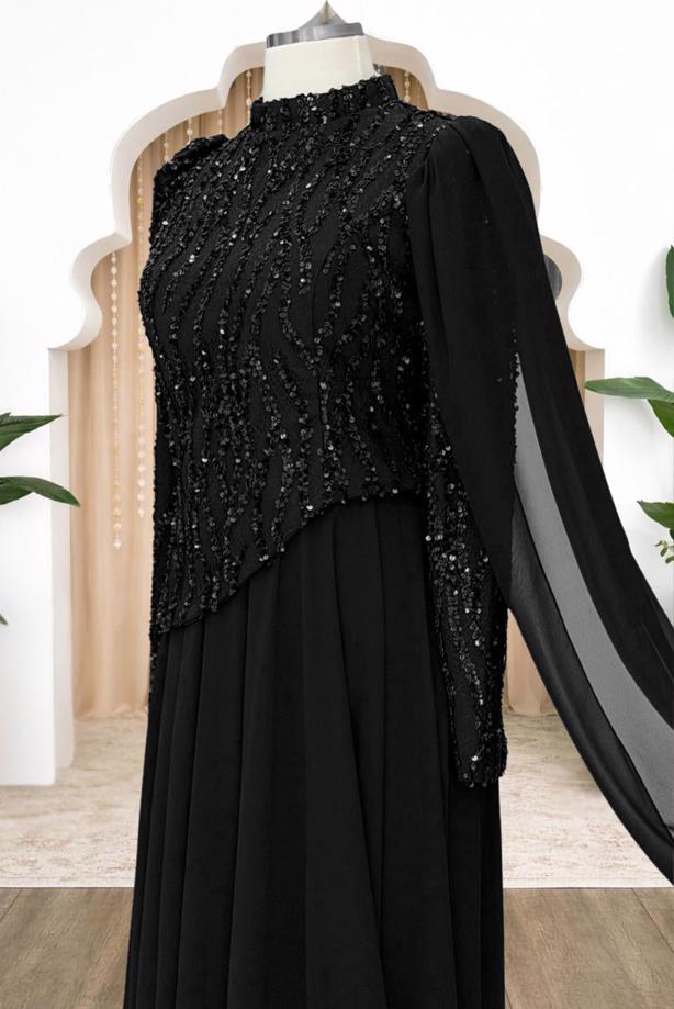 Tesettür giyim SİYAH PELERİNLİ ABİYE ELBİSE T 0763 - TRENDTESETTÜR