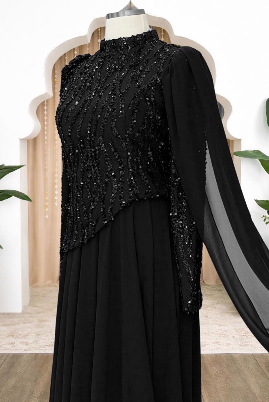 Tesettür giyim SİYAH PELERİNLİ ABİYE ELBİSE T 0763