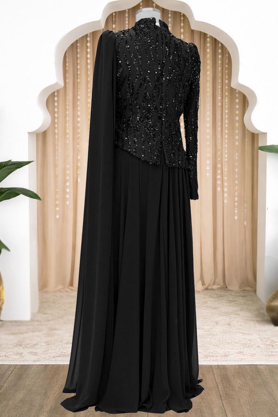 Tesettür giyim SİYAH PELERİNLİ ABİYE ELBİSE T 0763