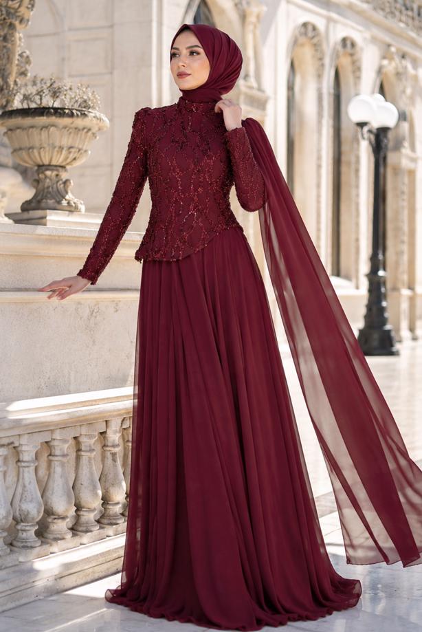 Tesettür giyim BORDO PELERİNLİ ABİYE ELBİSE T 0763 - TRENDTESETTÜR