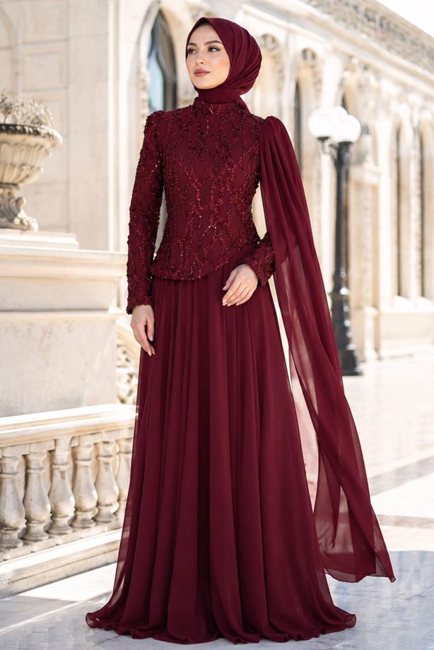 Tesettür giyim BORDO PELERİNLİ ABİYE ELBİSE T 0763 - TRENDTESETTÜR