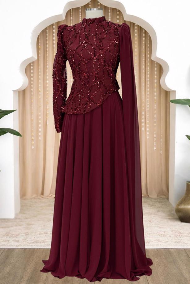 Tesettür giyim BORDO PELERİNLİ ABİYE ELBİSE T 0763 - TRENDTESETTÜR