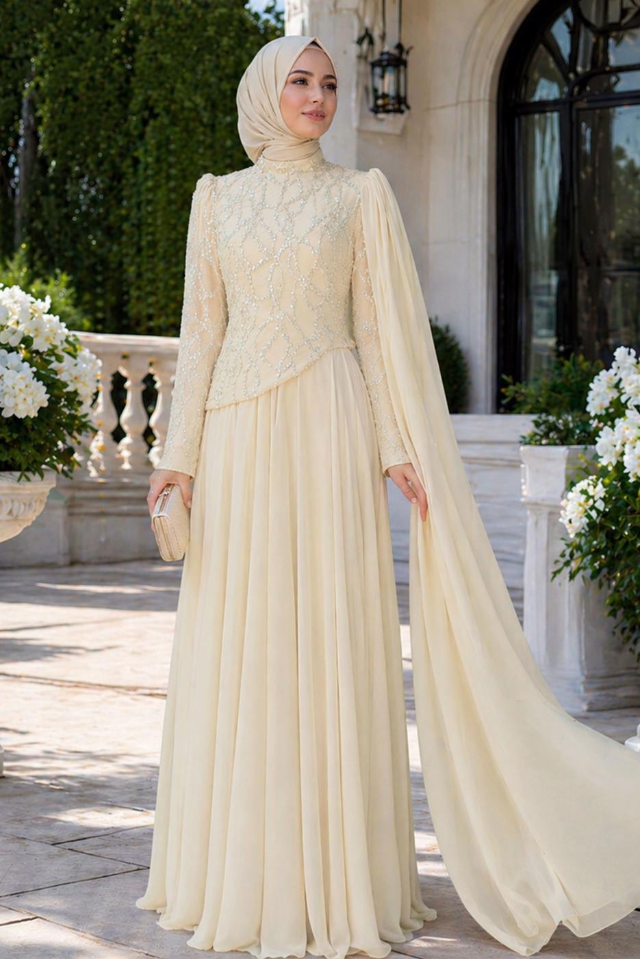 Tesettür giyim EKRU PELERİNLİ ABİYE ELBİSE T 0763