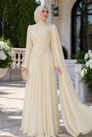 Tesettür giyim EKRU PELERİNLİ ABİYE ELBİSE T 0763