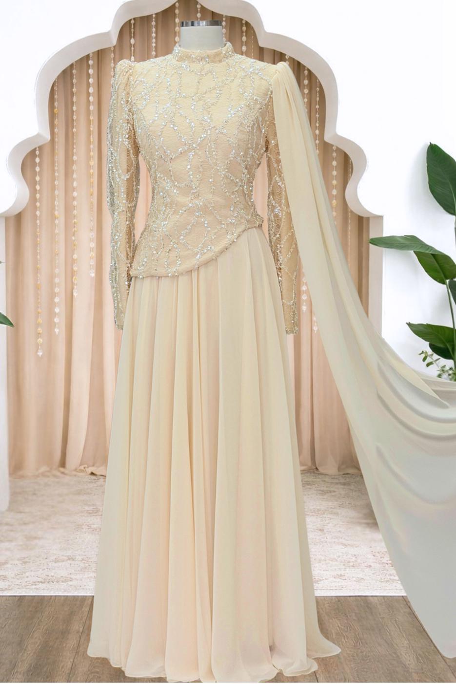 Tesettür giyim EKRU PELERİNLİ ABİYE ELBİSE T 0763