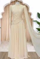 Tesettür giyim EKRU PELERİNLİ ABİYE ELBİSE T 0763