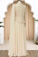 Tesettür giyim EKRU PELERİNLİ ABİYE ELBİSE T 0763