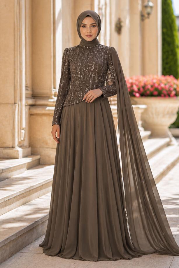 Tesettür giyim KAHVE PELERİNLİ ABİYE ELBİSE T 0763 - TRENDTESETTÜR