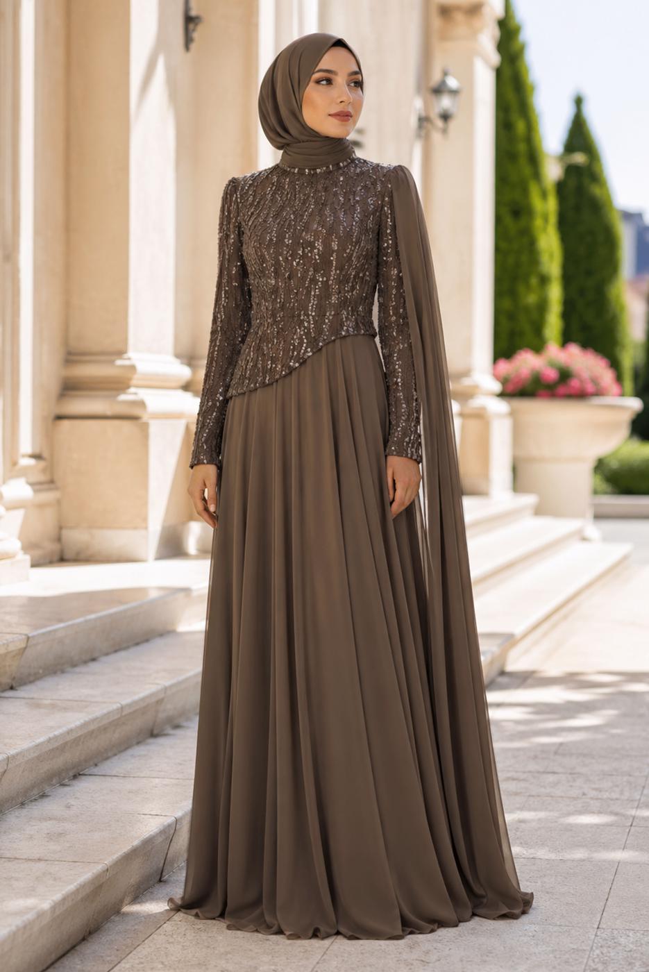 Tesettür giyim KAHVE PELERİNLİ ABİYE ELBİSE T 0763