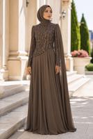 Tesettür giyim KAHVE PELERİNLİ ABİYE ELBİSE T 0763