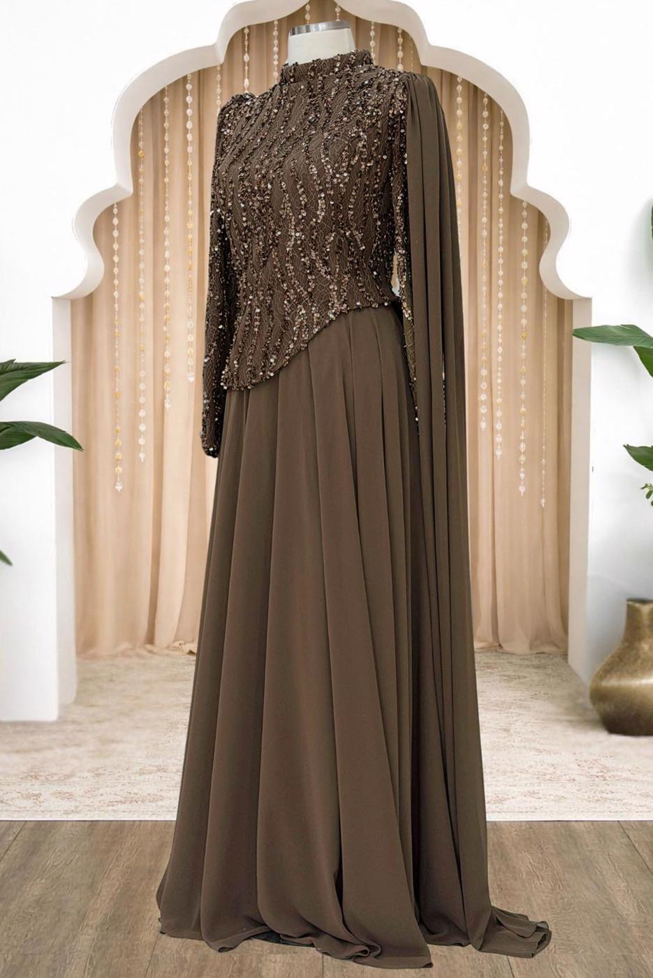 Tesettür giyim KAHVE PELERİNLİ ABİYE ELBİSE T 0763