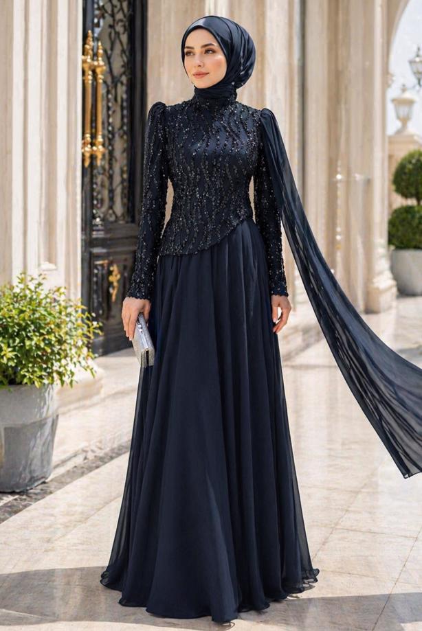 Tesettür giyim LACİVERT PELERİNLİ ABİYE ELBİSE T 0763 - TRENDTESETTÜR