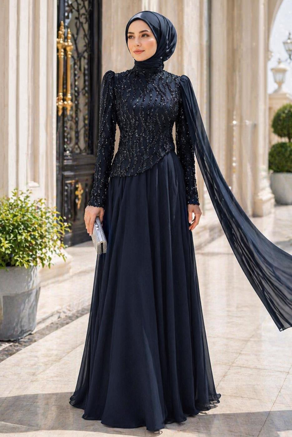 Tesettür giyim LACİVERT PELERİNLİ ABİYE ELBİSE T 0763